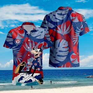 Goofy Texas Rangers Tropical Leaves Disney MLB Hawaiian Shirt